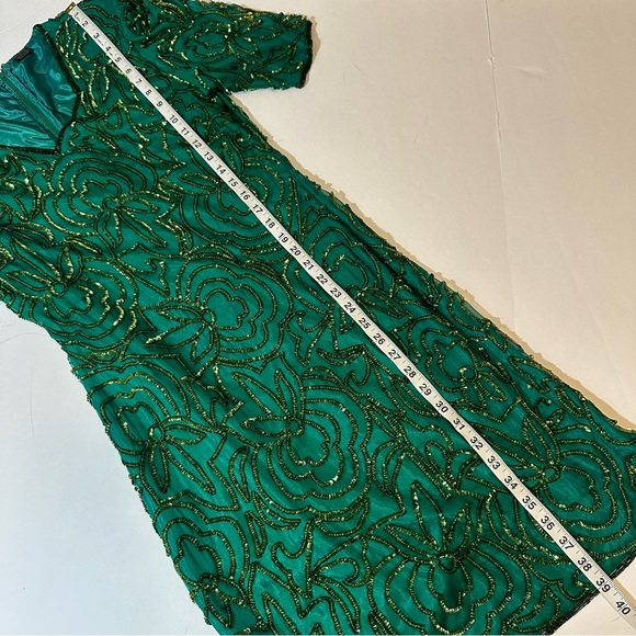 Vtg 80s Floral Sequined Dress Short Sleeve Green - Picture 7 of 8